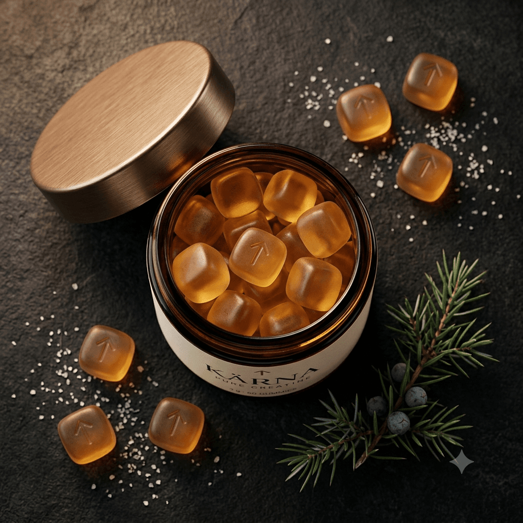 KÄRNA gummies macro flat-lay with juniper and sea salt