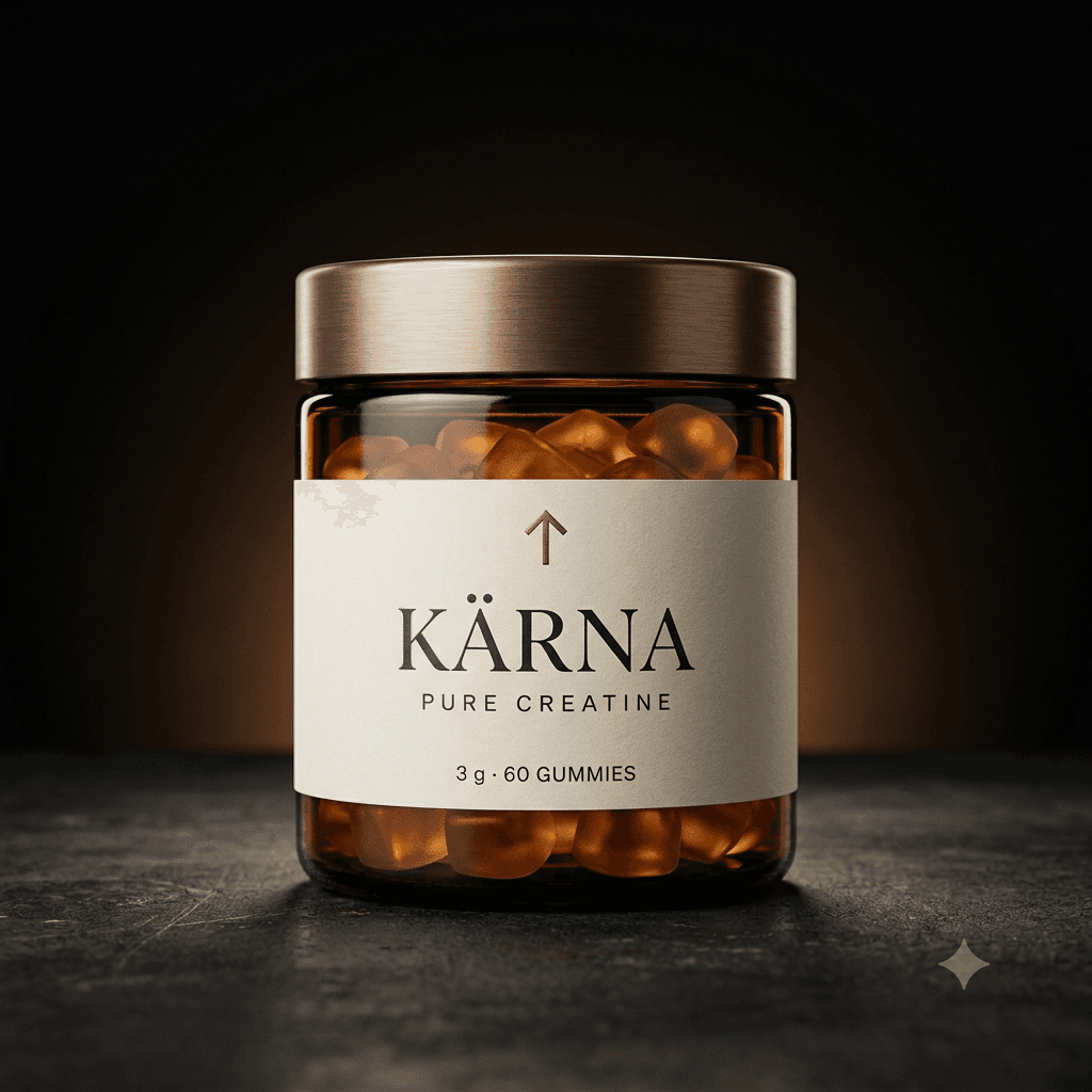 KÄRNA creatine gummies — amber glass jar with a bronze lid on a dark surface